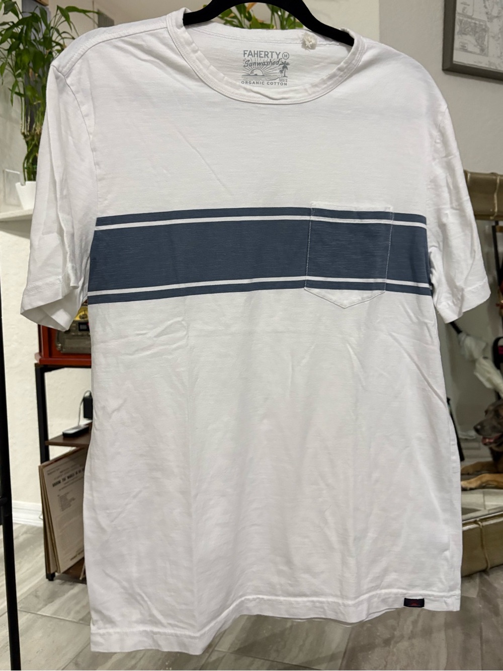 Faherty White Tee with Navy Chest Stripe and Pocket